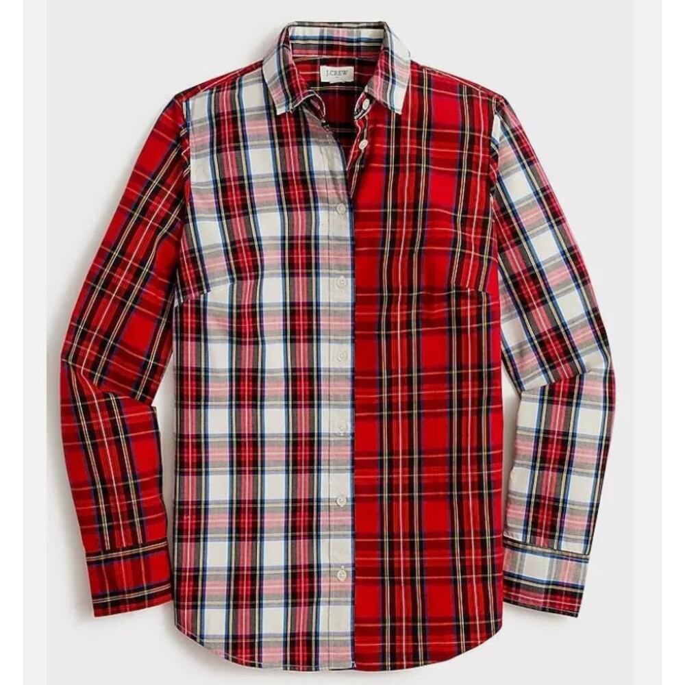 J Crew Top Womens XS Red White Signature Fit Cotton Mixed Tartan Plaid BM033